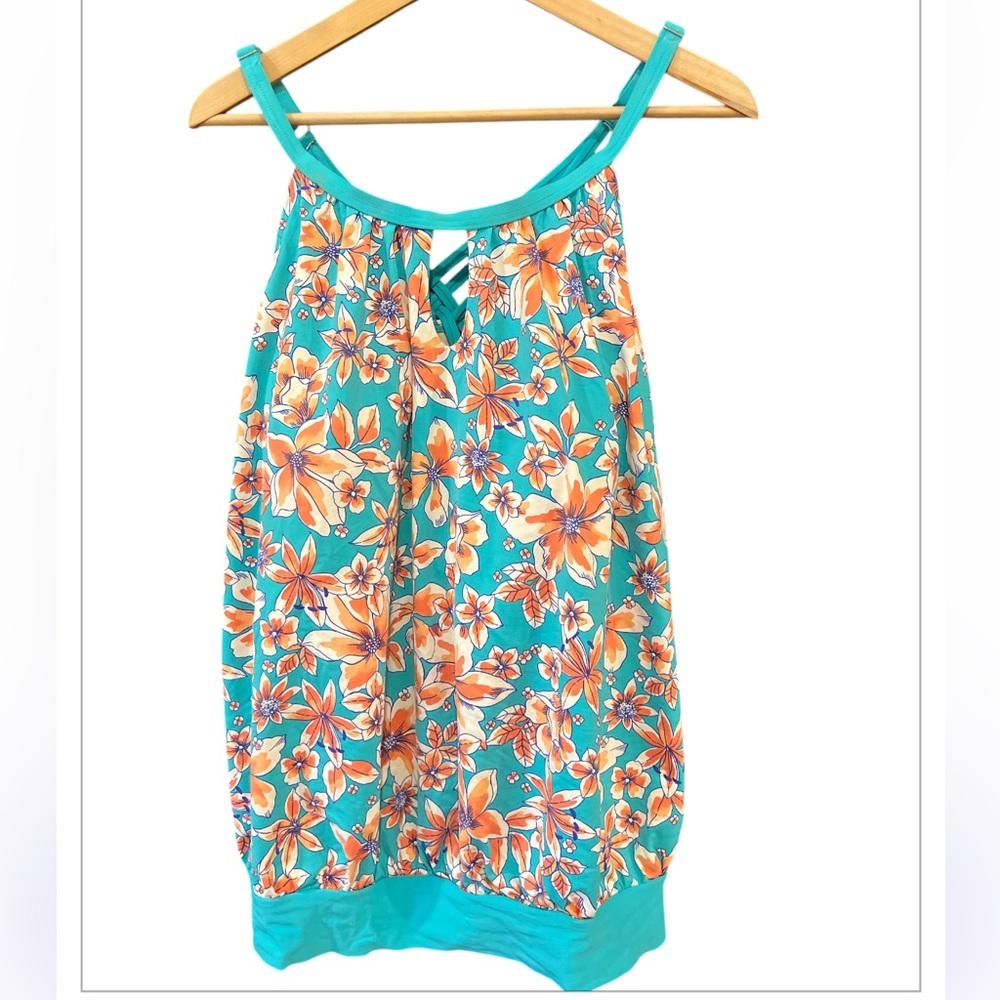 Lands’ End Tankini Swimsuit Top Blouse on Floral Turquoise Coral Strappy sz 24W